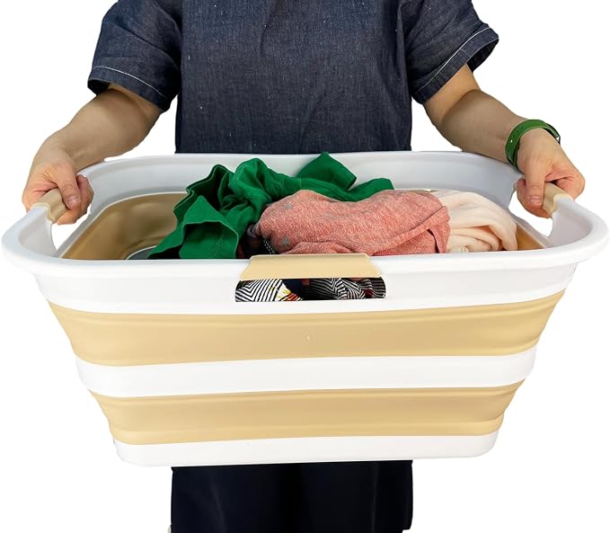 SAMMART 42 (11 Gallons) Collapsible Plastic Laundry Basket, Foldable Pop Up Storage Container/Organizer, Space Saving Hamper, Portable Bin for Dorm Room Bathroom (2, Starry Blue+Beige)