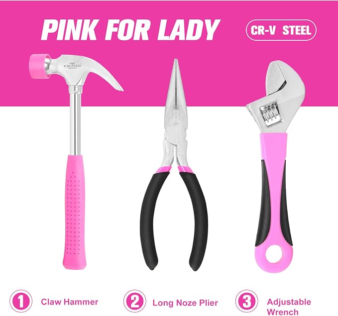89 Piece Pink Tool kit, Ladies Hand Tool Set with Easy Carrying Round Pouch Household Tool Kit Perfect for DIY, Home Maintenance and Dorm Repair | Compact & Portable, Perfect for DIY & Home Repair, Includes Round Storage Pouch