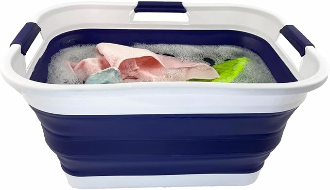 SAMMART 30L (8 gallons) Collapsible Plastic Laundry Washing Tub/Basket-Portable Pop Up Storage Container/Organizer-Foldable Laundry Hamper-Space Saving (2, White/Navy Blue)