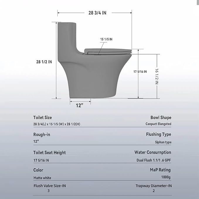 Dual Flush One Piece Toilets for Bathrooms, Compact Gray Toilet Elongated with Soft Closing Seat, Modern 12 Inch Rough in Toilet, 1.6 GPF & Map 1000g, Comfort Height, Silent Design (GREY)
