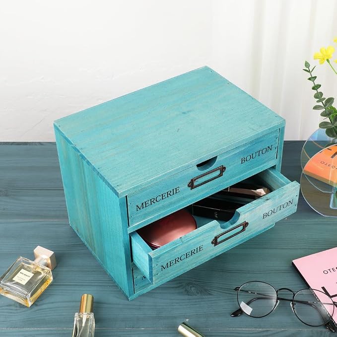 Small Wooden Drawers Wooden Box with Drawer Blue | 3 Drawer Storage Box for Apothecary Cabinet, Apothecary Drawers，Desktop Organizer with Metal Handles for Office，Home