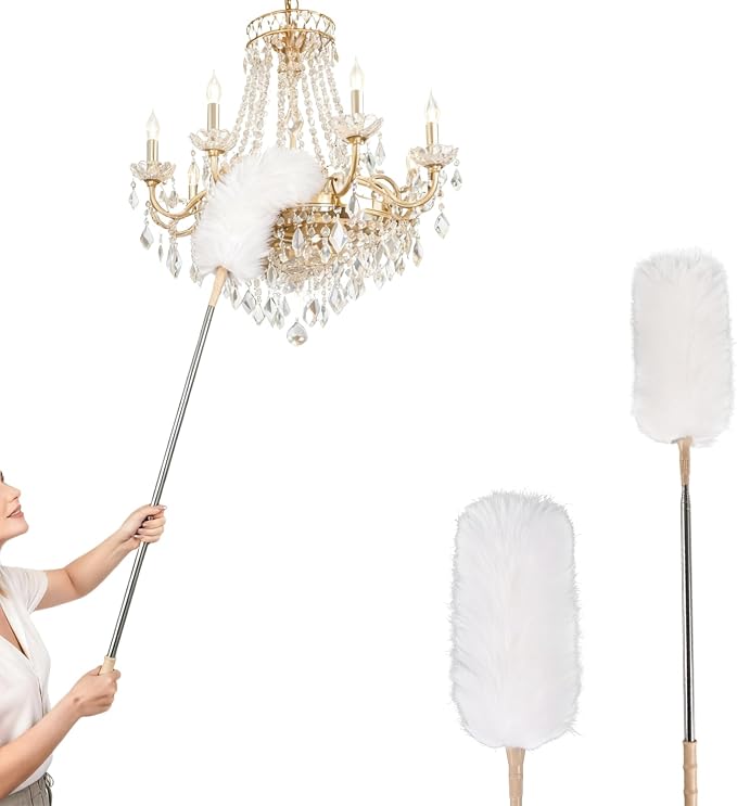 White Lambswool Extendable Duster, 32-98 Inch Bendable Wool Head with Anti-Static Properties and Stainless Steel Extension Pole for Ceiling Fans, High Walls, and Roof Dusting(one Pack)