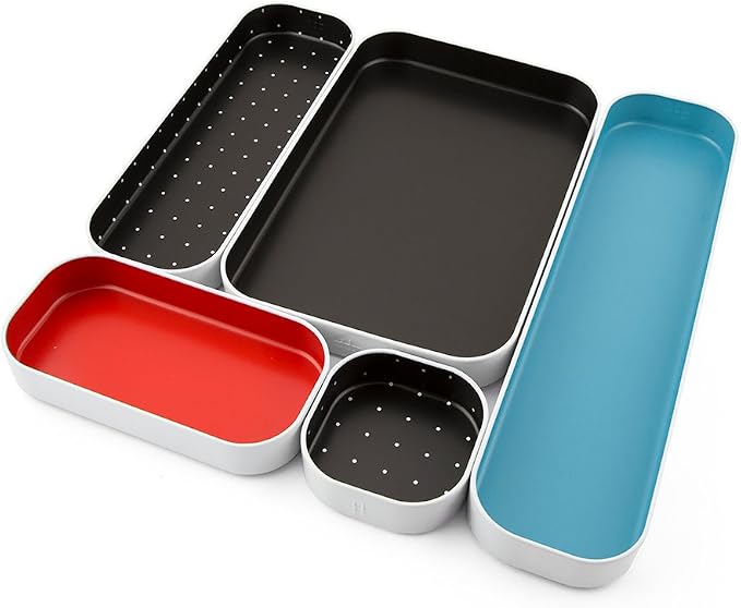 Three by Three Seattle Metal Drawer Organizer Tray Set, 5-Pc, 1" (Multi) | Colorful 1" metal bins; food-safe; soft non-scratch base; kitchen, bathroom, vanity, desk & office drawers