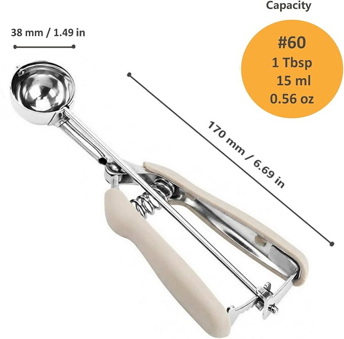 Cookie Scoop, 1Tbsp/15 ml/0.5oz Cookie Scoops for Baking, 18/8 Stainless Steel Cookie Scooper for Baking, Ice Cream Scooper with Trigger Release, Cookie Dough Scoop with Non-slip Grip (White)