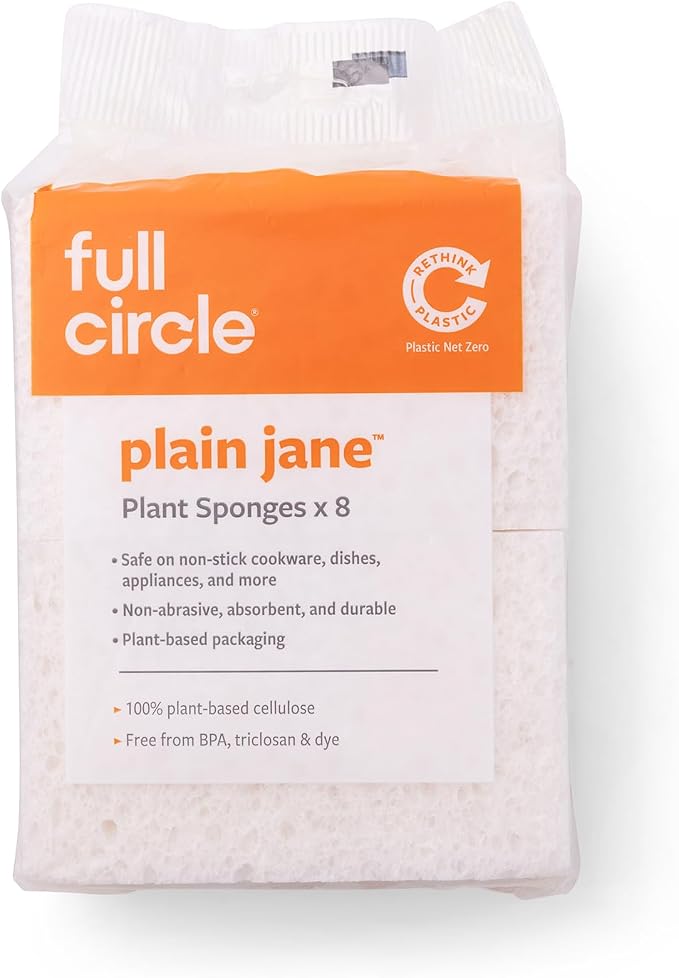 Full Circle 100% Plant-Based Cellulose Sponges – Pack of 8 – Plastic-Free, Natural Sponge, No Microplastics, Safe for Nonstick Cookware
