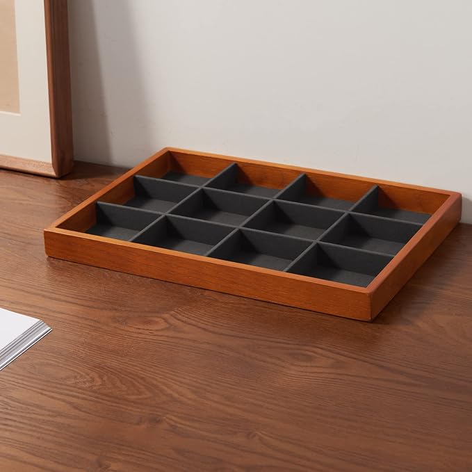 Oirlv Solid Wood Jewelry Tray,Jewelry Drawer Organizer,12 Grid(Grey) | Stackable Design,for Jewelry Necklaces Bracelets and Watches,Organizing and Presentinge Legantly on Dressers&in Dresser