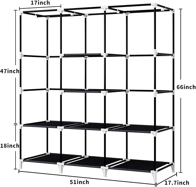 Portable Closet, 51 Inch Wardrobe Closet for Hanging Clothes with 2 Hanging Rods, 8 Storage Organizer Shelves for Bedroom, Durable and Easy to Assemble, Black