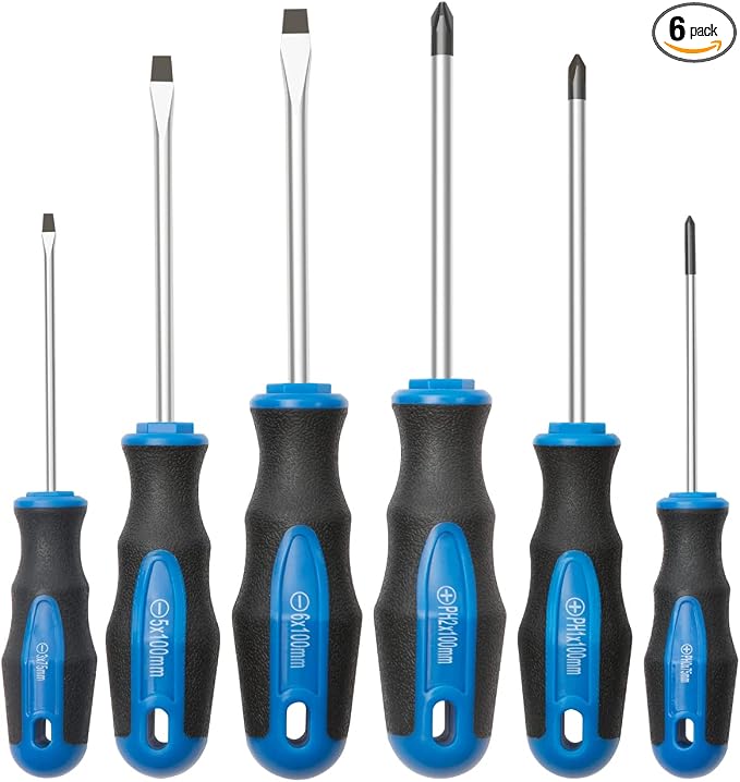 6PC Magnetic Tip Screwdriver Set, 3 Phillips and 3 Flat | 3 Phillips and 3 Flat, Professional Cushion Grip, 6-Piece Hand Tools Set