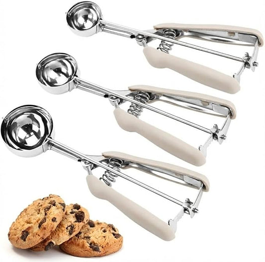 Cookie Scoop Set, 3Pcs Ice Cream Scoop, Cookie Scoops for Baking Set of 3, 18/8 Stainless Steel Cookie Scooper for Baking, Ice Cream Scooper with Trigger Release, Beige Soft Grip Cookie Dough Scoop