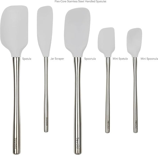 Tovolo Stainless Steel Handled Silicone Spatula Set of 5 Oyster Gray, Dishwasher Safe Kitchen Spatula Set for Cooking Baking, Non Toxic BPA Free Silicone Spatula set with Metal Steel Handle