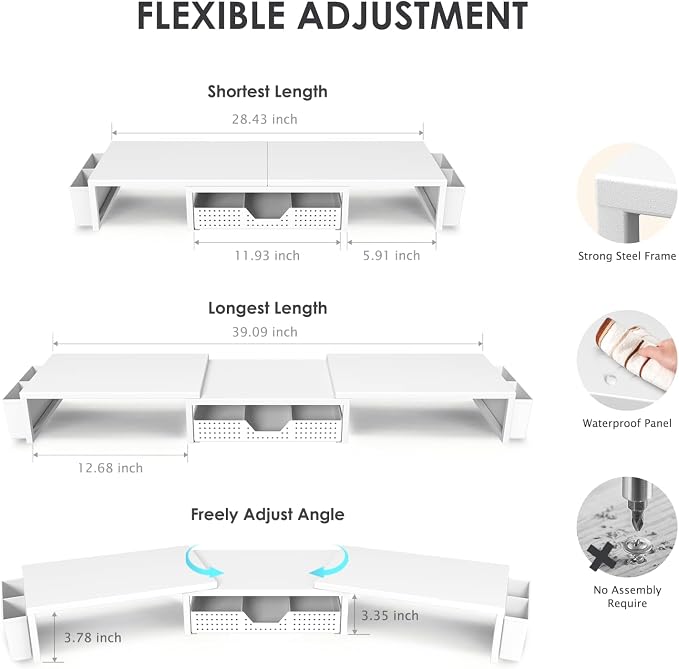 OPNICE Desk Organizers and Accessories, Dual Monitor Stand Riser with Drawer and 2 Pen Holders, Desk Shelf Computer Racks for Office Workspace Organizers, Desktop Organization (White)