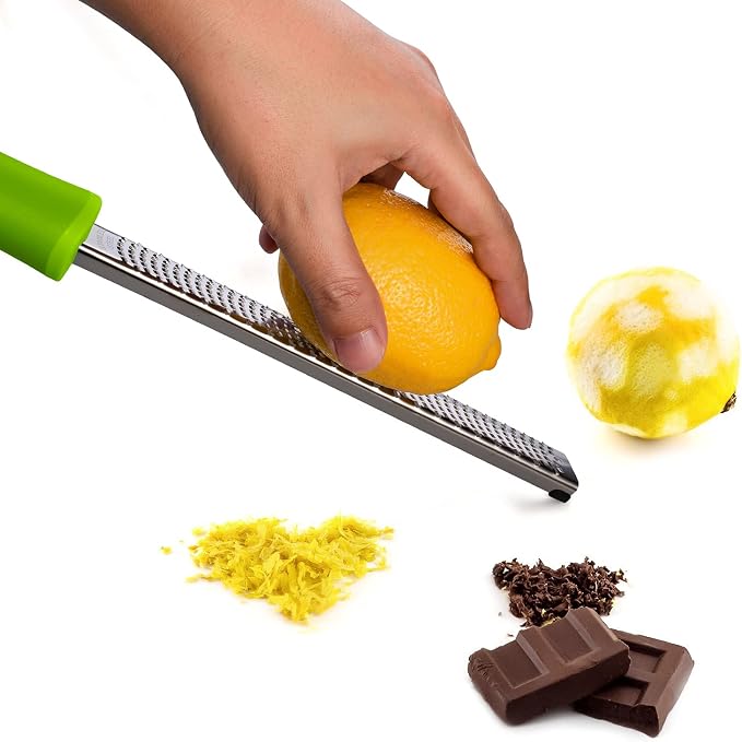 8-Inch Lemon Zester & Cheese Grater 18/8 Stainless Steel Citrus Zester for Lemon, Lime, Parmesan, Garlic & Ginger 8’’ Long Razor Sharp Blade, Ergonomic Non‑Slip Handle with Protective Cover, Green