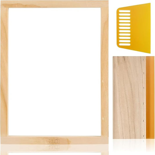 Caydo Screen Printing Frame with Screen Printing Squeegee for T-Shirts, Backpacks, Handbags DIY Printing, 10 x 14 Inch Wood Silk Screen with 110 White Mesh