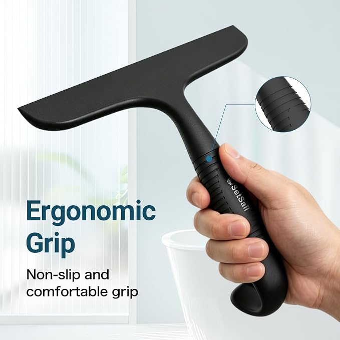 SetSail Shower Squeegee for Glass Doors, One-piece All Silicone Squeegee | Streak-Free Bathroom Squeegee for Shower Glass Window Mirror Tile Wall, Built-in Hook, Ergonomic Grip, Black（9.5-inch）
