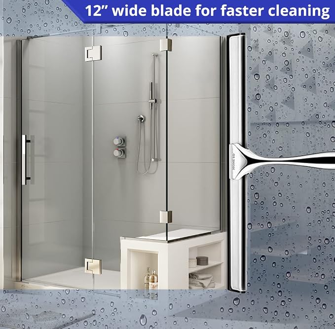 HOME SO Shower Squeegee for Glass Doors – Stainless Steel Squeegee with Adhesive Hooks - Window, Floor & Car Squeegee, Multi-Purpose Bathroom, Mirror & Tile Cleaner - Bathroom Essentials - Chrome 12"