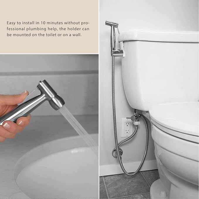Handheld Bidet Sprayer Kit-Stainless Steel Douche Muslim Shower Spray with Hose Bidet Holder Valve for Toilet Cleaning, Pet Bath, Personal Hygiene (Includes T-Adapter)