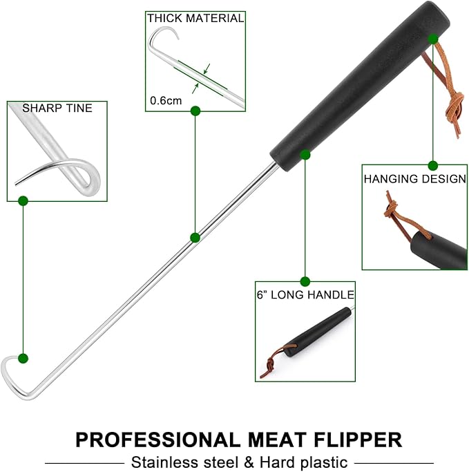 HaSteeL Meat Hook Flipper Set of 2, Stainless Steel Pigtail Food Flipper Turner 12Inch & 17Inch, BBQ Accessories Great for Grilling Smoking Frying, Long Body & ABS Handle, Easy to Clean & Left Handed