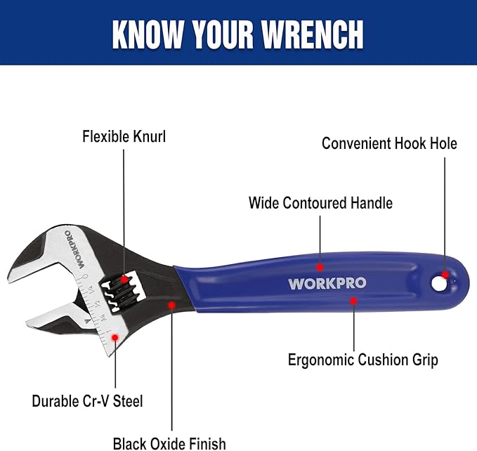 WORKPRO 8-Inch Adjustable Wrench, Cr-V Steel Wide Jaw Black Oxide Wrench | Metric & SAE Scales,Ideal for Home Repairs, Garage, Workshop and DIY Applications