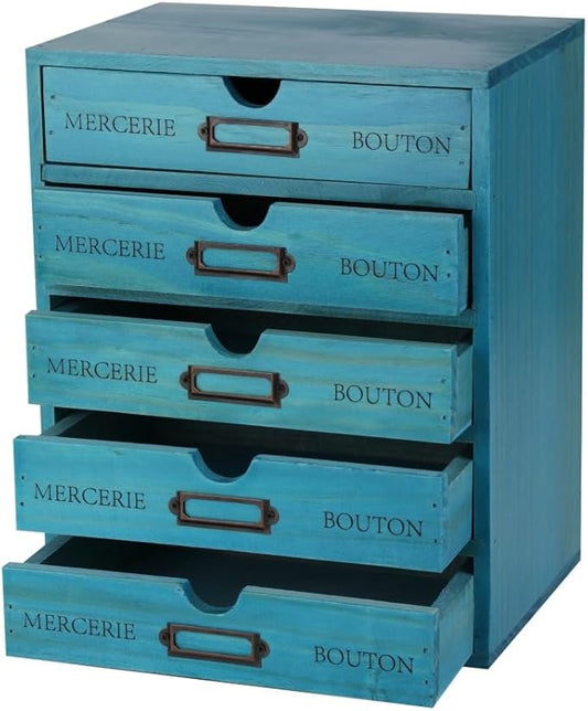 Wooden Storage Box with 5 Drawers Apothecary Drawers Vintage Wooden Drawers Wood Desktop Organizer with Drawer Library Card Catalog Cabinet Apothecary Cabinet （BLUE）