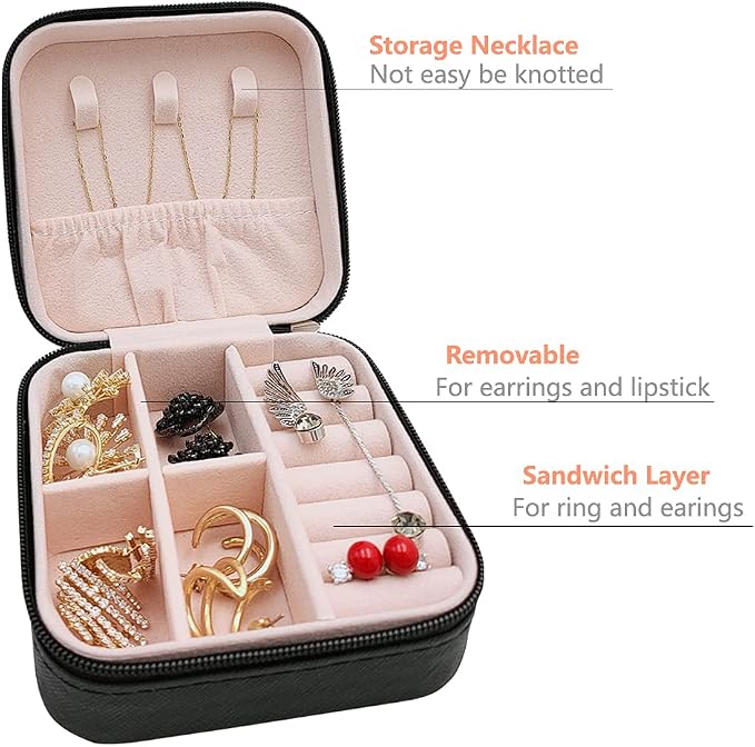 TRODANCE Mini Jewelry Travel Case, Small Portable Jewellry Organizer Box Portable Display Storage Box for Rings Earrings Necklaces, Gifts for Girl, Women, Wedding, Birthday, Mom, Mother's Day (Black)