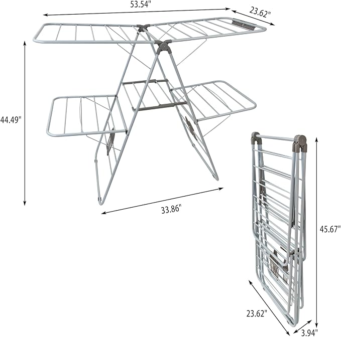 Clothes Drying Rack, Foldable 2-Level Laundry Racks for Drying Clothes Rack,Stainless Steel Drying Rack Clothing Collapsible for Indoor Outdoor,with Height-Adjustable Wings,Gray