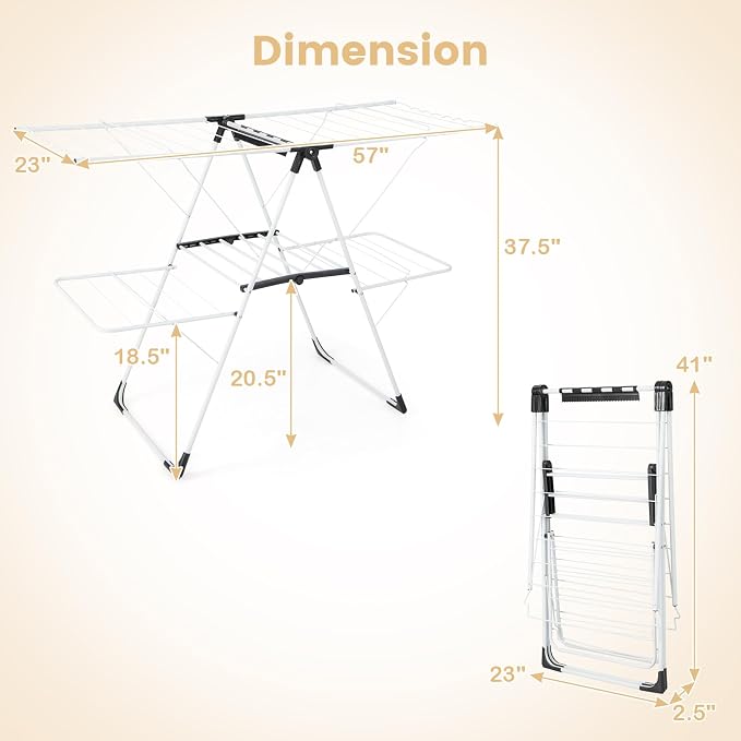 GOFLAME Clothes Drying Rack, 2-Tier Folding Laundry Drying Rack with Height-Adjustable Wings, 33 Drying Rails, Middle Sock Clips, Side Wave-shaped Bars, Freestanding Laundry Hanger, No Assembly Needed