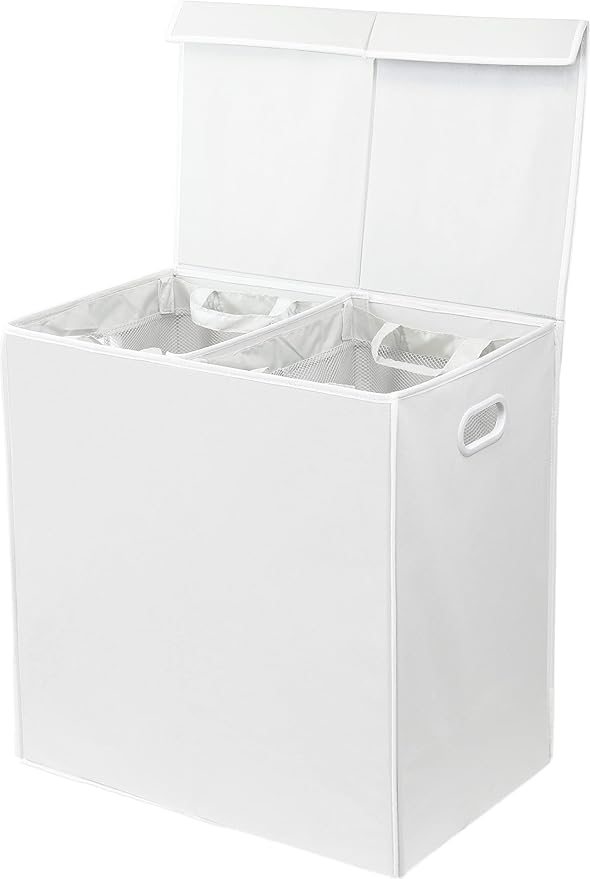 Simple Houseware Double Laundry Hamper with Lid & Removable Bags, White