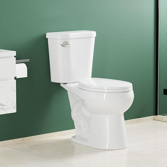 Two Piece Toilet, 17" Round with Upgraded Flushing, Single Handle (Side Mounted), Includes Soft-Close Seat & Hardware, White, 12" Rough-in