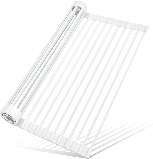 MERRYBOX Roll Up Dish Drying Rack, Silicone Wrapped Over The Sink Dish Rack Foldable Dish Drainer Anti-Slip Dish Racks for Kitchen Sink, Multipurpose Kitchen Sink Drying Rack, 17.5" x 13", White
