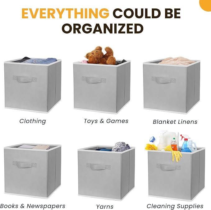 Criusia Large Storage Cubes, 13 Inch Cube Storage Bins for Shelves Closet Nursery Bedroom - 10 Pack Collapsible Storage Baskets with Handles - Fabric Bins for Organizing Magazines Clothes Toys (Grey)