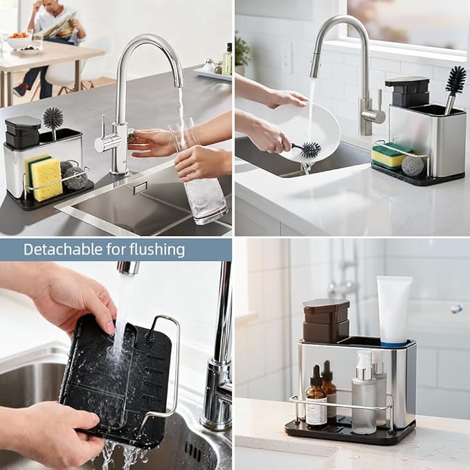 Dish Soap Dispenser, 3-in-1 Sponge Holder, Organizer Dish Soap Dispenser,Sink Caddy,Stainless Steel Dishs Brush Scrubber with Sponge Holder(Color:Black)
