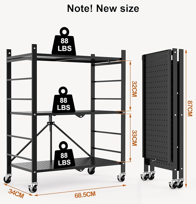 Himix Storage Shelves with 6 Hooks, 3 Tier Foldable Shelf with Wheels, Metal Storage Shelving Unit Rolling Cart, Utility Shelf Rack Organization Shelves for Pantry, Kitchen, Black - No Assembly