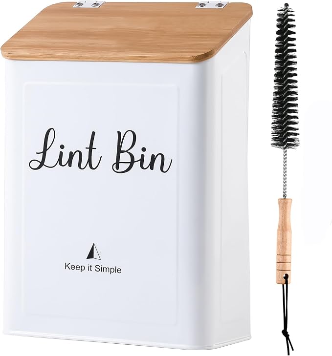 SUBEKYU Magnetic Lint Bin for Laundry Room Organization and Storage,White | Wall Mounted Metal Lint Box Holder Trash Can with Bamboo Lid for Dryer,Lint Basket for Laundry Room Decor