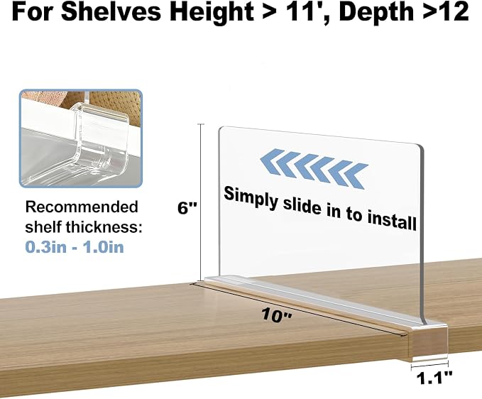 Purse Organizer for Closet Shelf Dividers: 6-inch Tall(Shorter Version) Adjustable Clear Acrylic Bag Storage Organizer for Handbags, Sweaters, Towels, Jeans and Shoes on Wood Shelves 6-Pack