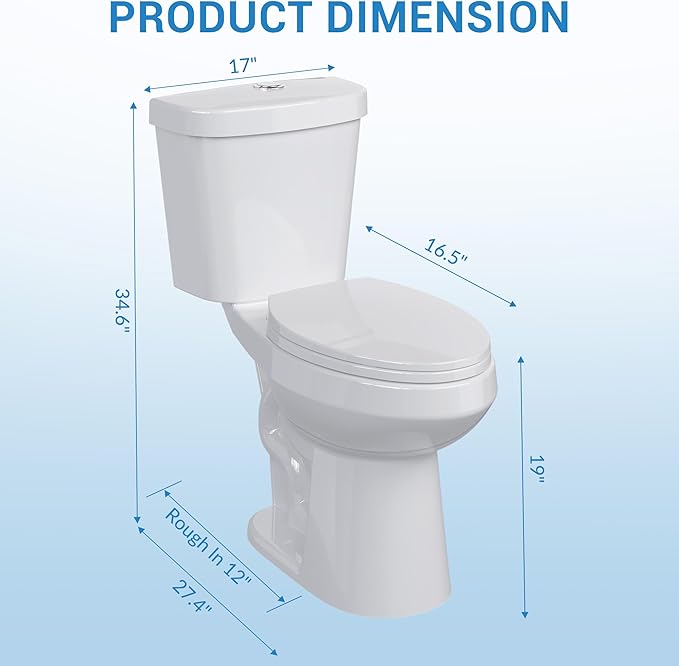 Two-Piece Toilets for Bathrooms, Comfort ADA Height 19", Elongated with Soft Close Seat, Power Flush 1.28 GPF