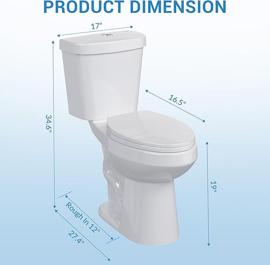Two-Piece Toilets for Bathrooms, Comfort ADA Height 19", Elongated with Soft Close Seat, Power Flush 1.28 GPF