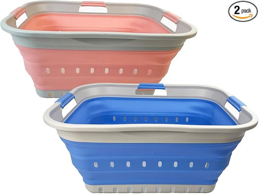 SAMMART 42L (11 gallon) Collapsible Plastic Laundry Basket - Foldable Pop Up Storage Container/Organizer - Portable Basket - Space Saving Hamper/Basket (2, Little Boy Blue+Quartz Pink)