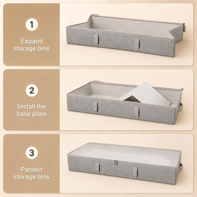 Vailando Storage Containers, 8 Inches Tall 80L Underbed Storage Bins with Sturdy Handles and Sidewalls, Closet Organizer for Clothes, Blankets, Seasonal Items, Light gray, 2-Pack