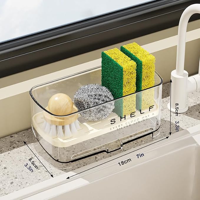 Sponge Holder for Kitchen Sink, Clear Acrylic Sink Organizer with Auto-Draining Tray, Countertop Sink Caddy for Sponges, Soap, Brush & Cleaning Tools