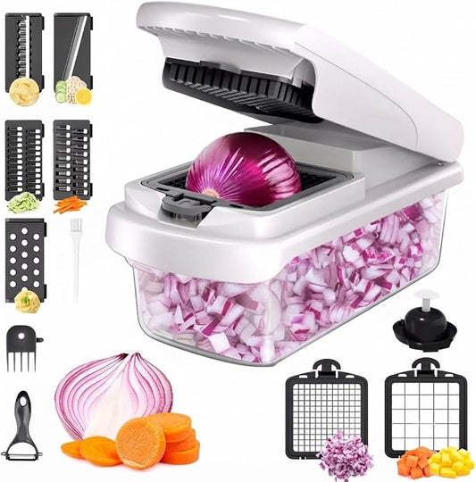 11-in-1 Vegetable Chopper with 8 Blades – Multifunctional Food Chopper & Mandoline Slicer, Onion Dicer, Potato & Carrot Cutter with Container, Kitchen Gadget (White/Black)