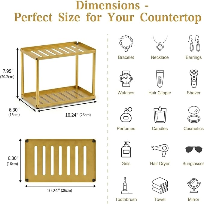 2 Tier Bathroom Counter Organizer, Rectangular Vanity Organizer Shelf, Skincare and Makeup Countertop Storage Rack for Kitchen, Bathroom, Bedroom (Gold)