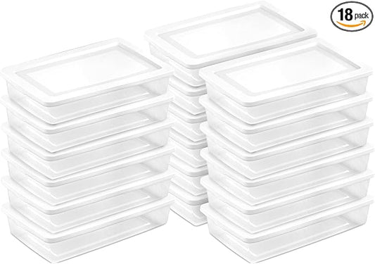 Sterilite 18 Pack Storage Box, 41 Quart Stackable Tote, Clear Plastic Container with Secure Snapping Lids for Home and Office Organization, White
