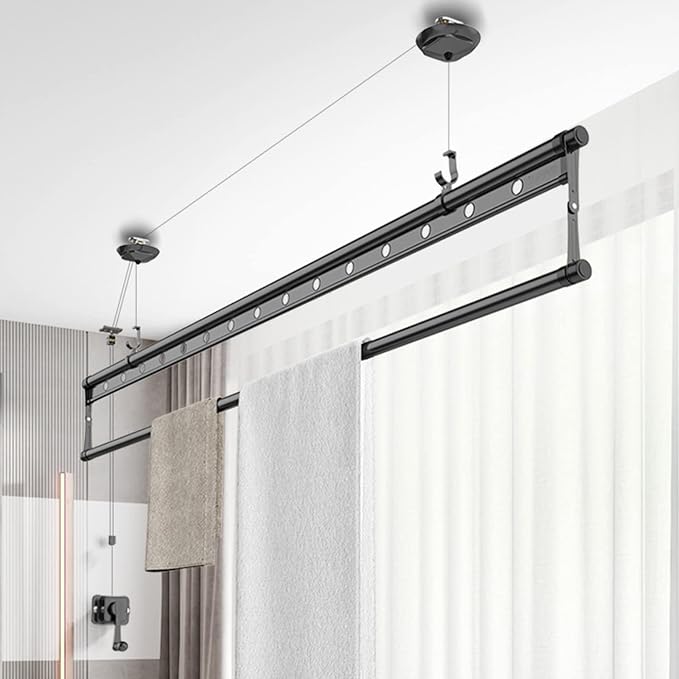 Ceiling Mounted Clothes Drying Rack, Indoor Balcony Lifting Aluminum Alloy Pulley Single Rod Clothes Rack, Hand-Held Vertical Folding Laundry Drying Rod(2M(78.7in), Black)