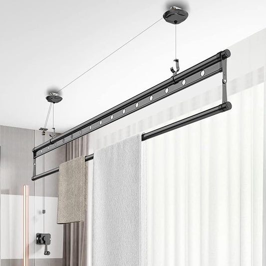Ceiling Mounted Clothes Drying Rack, Indoor Balcony Lifting Aluminum Alloy Pulley Single Rod Clothes Rack, Hand-Held Vertical Folding Laundry Drying Rod(2M(78.7in), Black)