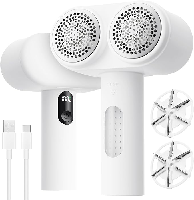 Mosthink Fabric Shaver, 2-in-1 Electric Lint Remover & Build-in Lint Brush | Dual-Head Lint shaver for Clothes Furniture | 3-Speed Fuzz & Pilling Remover | Sweater Shaver with LED Display | Rechargeable