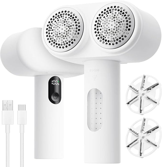 Mosthink Fabric Shaver, 2-in-1 Electric Lint Remover & Build-in Lint Brush | Dual-Head Lint shaver for Clothes Furniture | 3-Speed Fuzz & Pilling Remover | Sweater Shaver with LED Display | Rechargeable