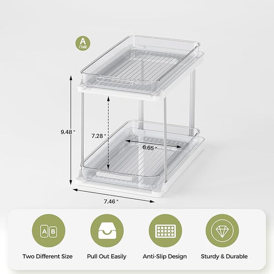 Delamu 2-Tier Bathroom Under Sink Organizers and Storage, Pull Out Cabinet Drawers with Anti-Slip Design, Multi-Purpose Storage for Kitchen, Pantry, Bathroom & Home Organization, White, 1 Pack
