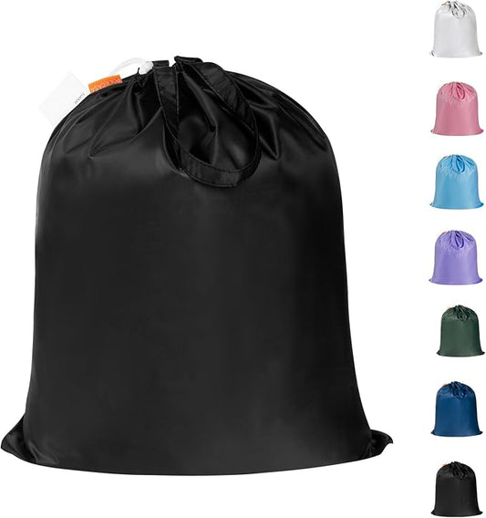 Extra Heavy-Duty Laundry Bag 21x24”- Machine Washable Small Storage Bag with Reinforced Handles & Drawstring Closure & ID Tag for College Dorm Travel - Black