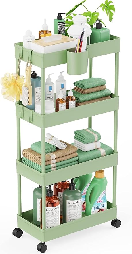 LEHOM Slim Rolling Storage Cart - 4 Tiers Bathroom Organizer Utility Cart | Slide Out Storage Shelves Mobile Shelving Unit for Kitchen, Bedroom, Office, Laundry Room, Small Narrow Spaces (7.1" W+Green)