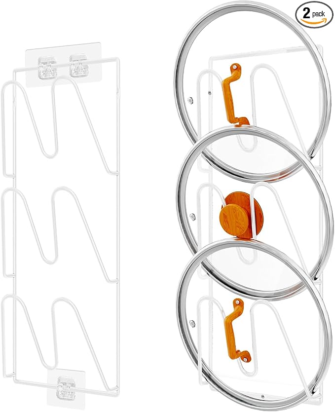 Durmmur 2 Pack Pot Lid Organizer Rack, 6-Tier Pot Lids Holder for Cabinet Door/Wall, No Drilling Adhesive Wall/Door Mounted Rustproof Pot and Pan Cover for Kitchen Storage, White